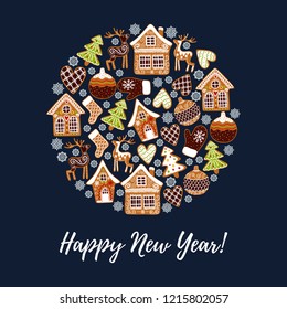 Gingerbread cookies background with an editable blank space in the middle. Christmas greeting card template. Vector illustration.