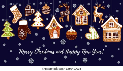 Gingerbread cookies background with an editable blank space in the middle. Christmas greeting card template.