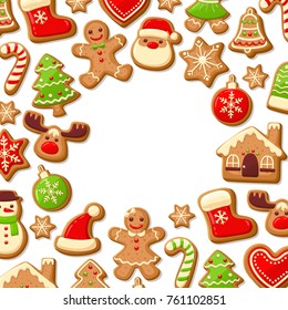 Gingerbread cookies background with an editable blank space in the middle. Christmas greeting card template. Vector illustration.