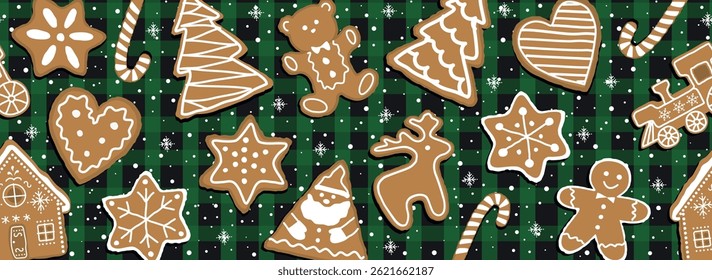 Gingerbread Cookies Banner. Christmas Seamless Border. Gingerbread House, Deer, Heart, Gingerbread Man, Train, Star. Winter Classic Buffalo Plaid Bg. Vector image on Green Black Checkered Background.