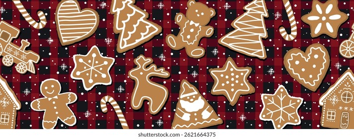 Gingerbread Cookies Banner. Christmas Seamless Border. Gingerbread House, Deer, Heart, Gingerbread Man, Train, Star. Winter Classic Buffalo Plaid Bg. Vector image on Red Black Checkered Background.