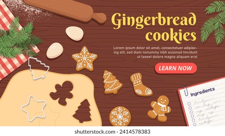 Gingerbread cookies banner. Dessert and delicacy for Christmas and New Year. Noel Eve pastry and homemade bakery. Landing page design. Dough of different shape. Cartoon flat vector illustration