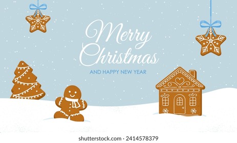 Gingerbread cookies banner. Merry Christmas and Hapy New Year. Winter holidays, Noel Eve. Dessert and delicacy, homemade pastry. Snowflake and home, Christmas tree. Cartoon flat vector illustration