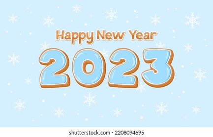 Gingerbread cookies with blue icing in the form of the number 2023 on a blue background with snowflakes. Happy New Year 2023 greeting card. Flat vector illustration 