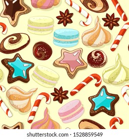 gingerbread cookies, candies, colorful christmas sweet design elements, hand drawn, seamless vector illustration on yellow background