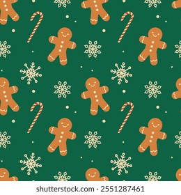 Gingerbread cookies and Christmas candy cane seamless pattern. Christmas print for fabric and wrapping paper. Flat vector illustration