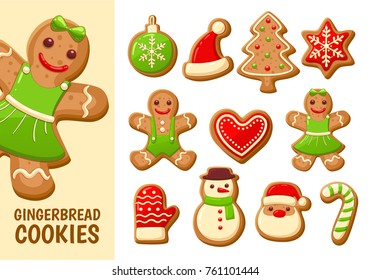 Gingerbread cookies for christmas. Collection of 11 cookies, isolated on white background.