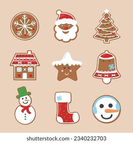 Gingerbread cookies for christmas with color. Vector illustrations isolated with Santa, sock, tree, snowman, candy, snowflake, house, bell, star.