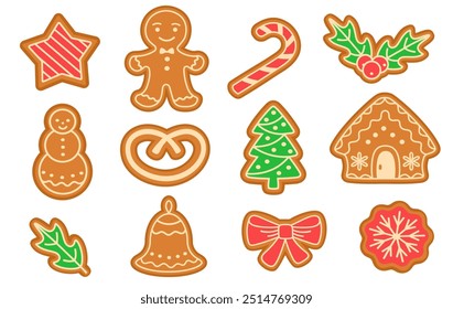 Gingerbread cookies for Christmas decoration, homemade baking in traditional shapes, vector set, elements isolated on white background.