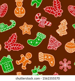 Gingerbread cookies for christmas seamless vector pattern. Xmas gingerbread leaves, stockings and tree. Christmas winter holiday, cooking, new year s eve and food wrapping. Cute xmas background.