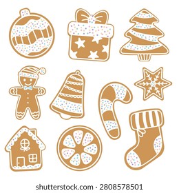 Gingerbread Cookies Christmas Set, Bell Tree Stocking Candy Cane and Gingerbread Man Icons, Flat Line Icons