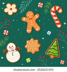 Gingerbread cookies and christmas cookies set isolataden on white. Christmas Classic biscuit. Cute ginger bread men, tree, snowman, snowflake. Sweet dessert. Christmas background with gingerbread.