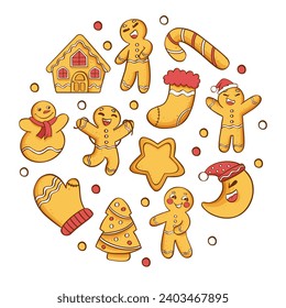 Gingerbread cookies Christmas set. Vector illustration on a white