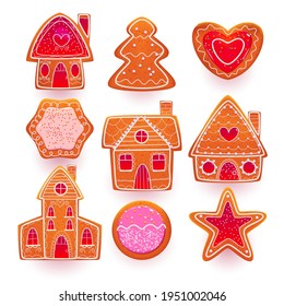 Gingerbread cookies for Christmas in shape of house, tree, heart and star. Vector cartoon set of ginger bread biscuits with sugar icing. Traditional Xmas pastry isolated on white background