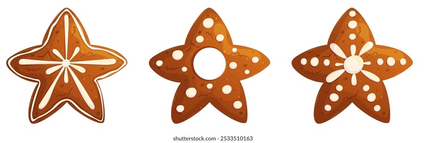 Gingerbread cookies in Christmas star shape set with different decoration on it. Happy holidays elements collection. Sweet xmas pastry.