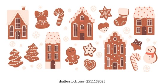 Gingerbread cookies. Christmas sweet dessert in form house heart star xmas tree snowman. New year tasty gifts, baked presents for children, racy vector set