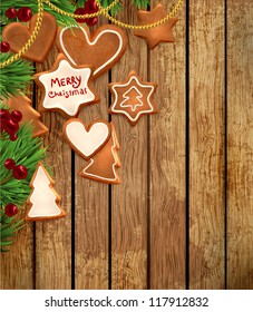 Gingerbread cookies with Christmas tree branches and Holly berries. Wood background. Old texture for retro design. Illustration for Xmas and New Year design.