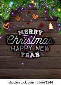 Gingerbread cookies with Christmas tree branches and Holly berries. Wood background. Old texture for retro design. Illustration for Xmas and New Year design.