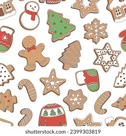 Gingerbread cookies Christmas tree snowman candy cane snowflake sweater sock shape vector seamless pattern. Xmas holiday festive season treats sweets snacks food background.