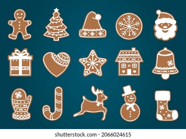 Gingerbread cookies for christmas. Vector illustrations isolated with Santa, reindeer, sock, gingerman, tree, snowman, candy, hat, heart, snowflake, glove, gift, house, bell. 