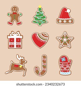 Gingerbread cookies for christmas. Vector illustrations in color isolated with Santa, reindeer, gingerman, tree, candy, hat, heart, snowflake, glove, gift.