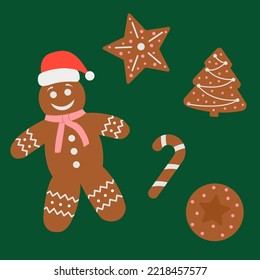 Gingerbread cookies for christmas. Winter sweets in shape of gingerbread man, tree, star. Vector flat illustration. For cards, packaging, web, invitation, banner