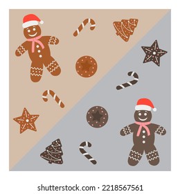 Gingerbread cookies for christmas. Winter sweets in shape of gingerbread man, tree, star. Vector flat illustration. For cards, packaging, web, invitation, banner