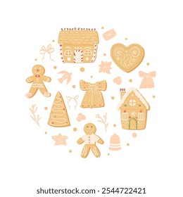 Gingerbread cookies circular emblem. Bow, evergreen tree and ginger house and man isolated on white background. Homemade Christmas sweet dessert with frosting decor. Vector illustration