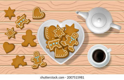 Gingerbread cookies, coffee cup, coffee pot on wooden table, vector top view illustration. Ginger bread man biscuit, traditional Christmas pastry.