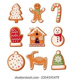 Gingerbread cookies collection in cartoon style. Winter homemade sweets in shape of house, gingerbread man, christmas tree, reindeer, mitten, snowman. Vector illustration isolated on a white