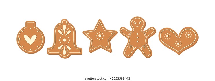 Gingerbread Cookies Collection. Christmas and New Year Food. Home Festive Baked Bell, Star, Heart, Gingerbread Man.