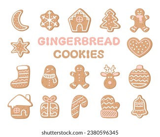 Gingerbread cookies collection. Flat cartoon style.