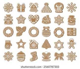 Gingerbread cookies collections. Big set of vector hand drawn gingerbread tradition sweets. Christmas icons. Brown and white colors.