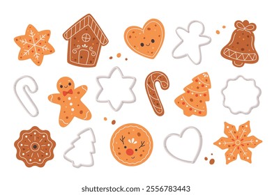 Gingerbread Cookies and cookie cutters collection. Christmas cookies with icing. Vector illustration in flat style