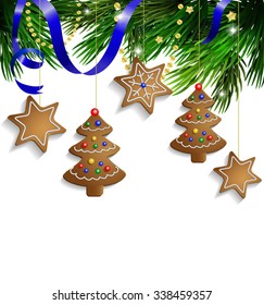  gingerbread cookies decorations on a Christmas tree with ribbon