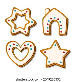 Gingerbread cookies. Festive glazed biscuits in shape of house and heart, star and snowflake. Cartoon Vector illustration