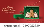 Gingerbread cookies and festive pine decorations inside a red gift box with glowing fairy lights on Christmas background illustration.