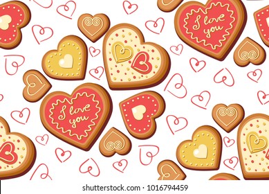 Vektorillustration-Illustration des nahtlosen Musters von Lebkuchengebäck als Herz. Valentinstag.Hochzeit.