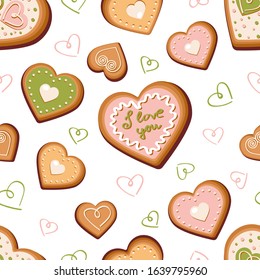 Gingerbread cookies in the form of a heart vector seamless pattern. Delicious pastries seamless texture. Valentine's day, wedding  illustration. Textile, wrapping paper, wallpaper design, packaging.