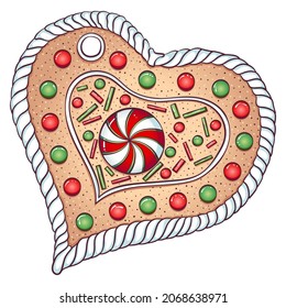 Gingerbread cookies in the form of heart. Vector illustration of Christmas baking. Christmas gingerbread. Cartoon hand draw style isolated on white. Design for greeting cards, banners, poster, print.