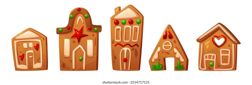 Galletas de jengibre en forma de casa con decoración roja y verde y adorno de glaseado blanco. Conjunto de Ilustración vectorial de dibujos animados de Navidades tradicionales linda galleta casera decorada con esmalte.