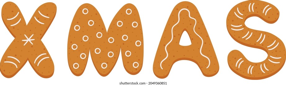 Gingerbread cookies in form of letters xmas. Merry Christmas banner. Gingerbread holidays cookies. Hand drawn vector illustration isolated on white background.