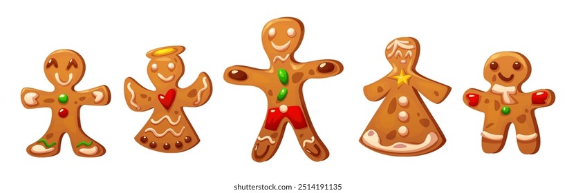 Galletas de jengibre en forma de hombre, mujer y ángel con decoración roja y verde y adorno glaseado blanco. Conjunto de Vector de dibujos animados de Navidades tradicionales linda galleta casera. Pastelería dulce horneada