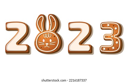 gingerbread cookies in the form of numbers and a rabbit , a symbol of 2023 bunny. in cartoon style on a white background