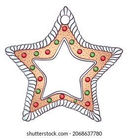 Gingerbread cookies in the form of star contour. Vector illustration of Christmas baking. Christmas gingerbread. Cartoon hand draw style isolated on white. Design for greeting cards, banners, print.
