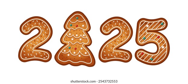 Gingerbread cookies forming number 2025 with Christmas tree replacing zero flat color vector objects. Seasonal dessert with icing illustration