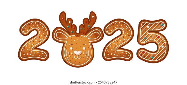 Gingerbread cookies forming number 2025 featuring reindeer flat color vector object. Christmas Holiday treats with icing illustration on white