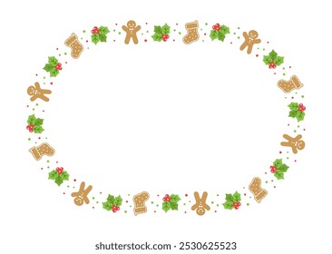 Gingerbread Cookies Frame Border, Christmas Winter Holiday Graphics. Homemade sweets pattern, card and social media post template on white background. Isolated vector illustration.