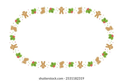 Gingerbread Cookies Frame Border, Christmas Winter Holiday Graphics. Homemade sweets pattern, card and social media post template on white background. Isolated vector illustration.