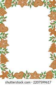 Gingerbread cookies frame. Winter homemade sweets, twigs and berries on white background. Isolated vector illustration 